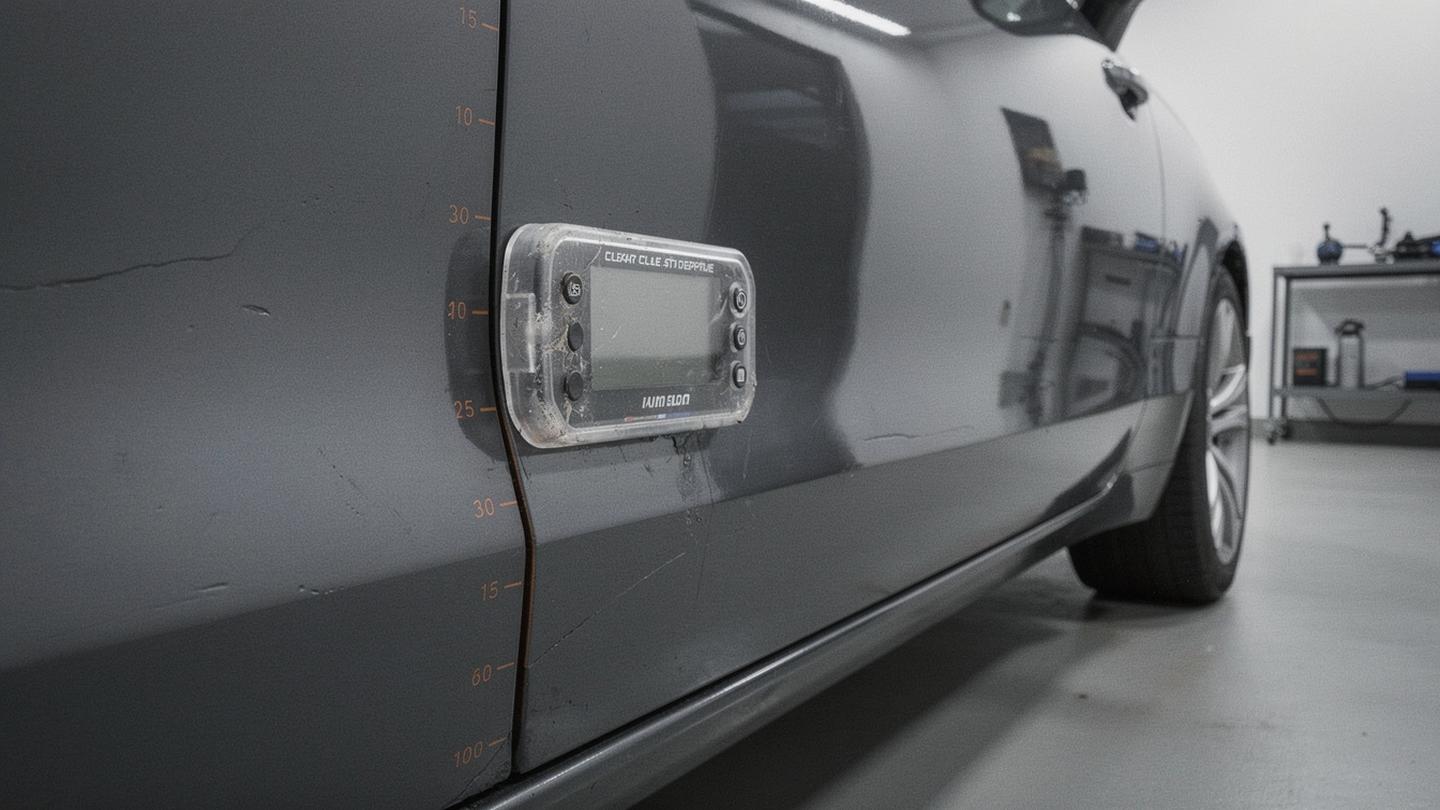 Detailer measuring clear coat depth on a dark grey car panel under studio light